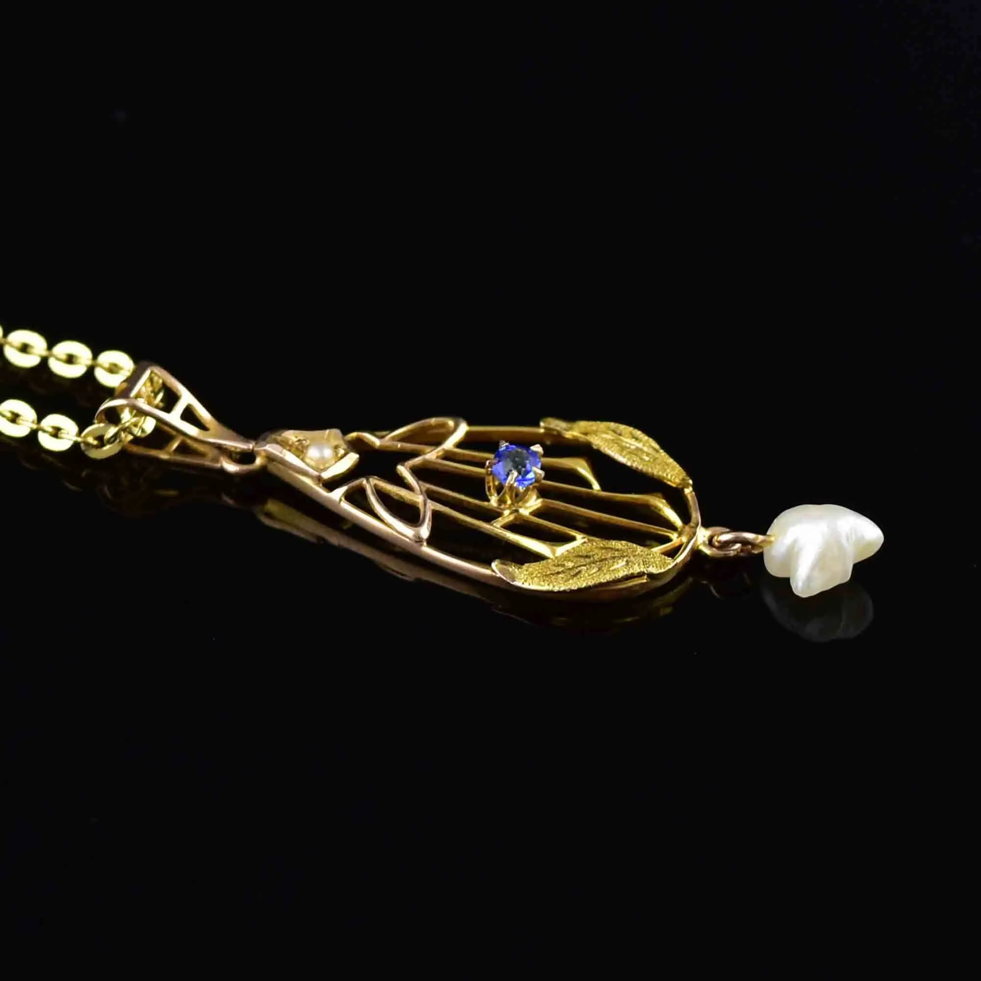 10K Gold Art Nouveau Pearl Sapphire Lavaliere Necklace