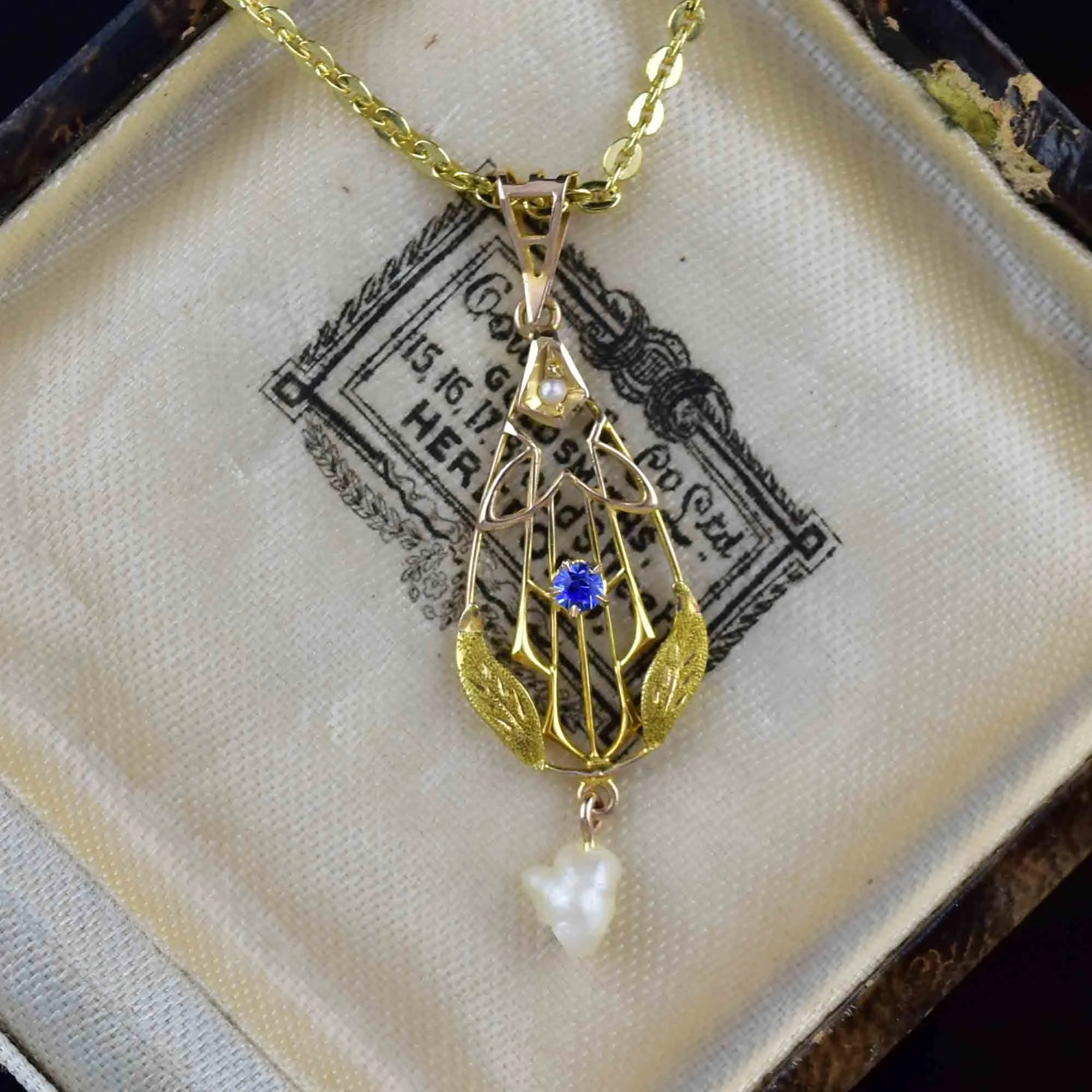 10K Gold Art Nouveau Pearl Sapphire Lavaliere Necklace