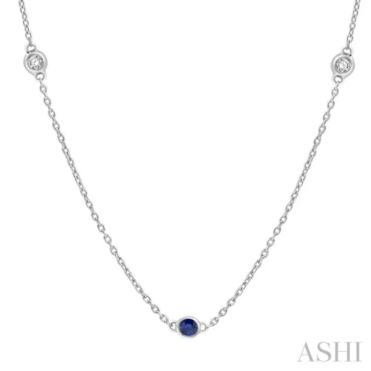 1/4 ctw Round Cut Diamond and 2.25MM Sapphire Precious Station Necklace in 14K White Gold