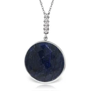 14K Solid White Gold Necklace w/ Diamonds & Checkerboard Cut Dyed Round Sapphire