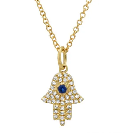 14K White Gold Diamond   Sapphire Hamsa Necklace