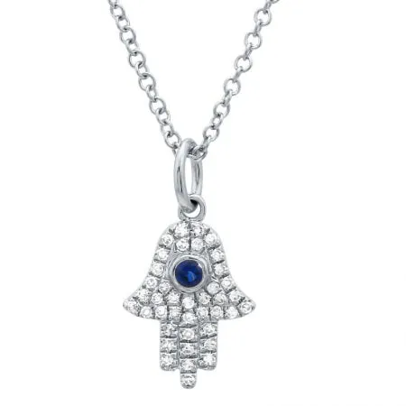 14K White Gold Diamond   Sapphire Hamsa Necklace