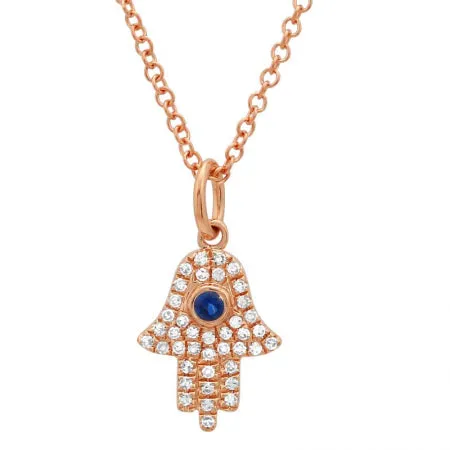 14K White Gold Diamond   Sapphire Hamsa Necklace