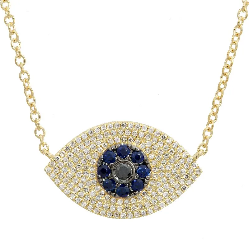 14K Yellow Gold Diamond Sapphire Evil Eye Necklace