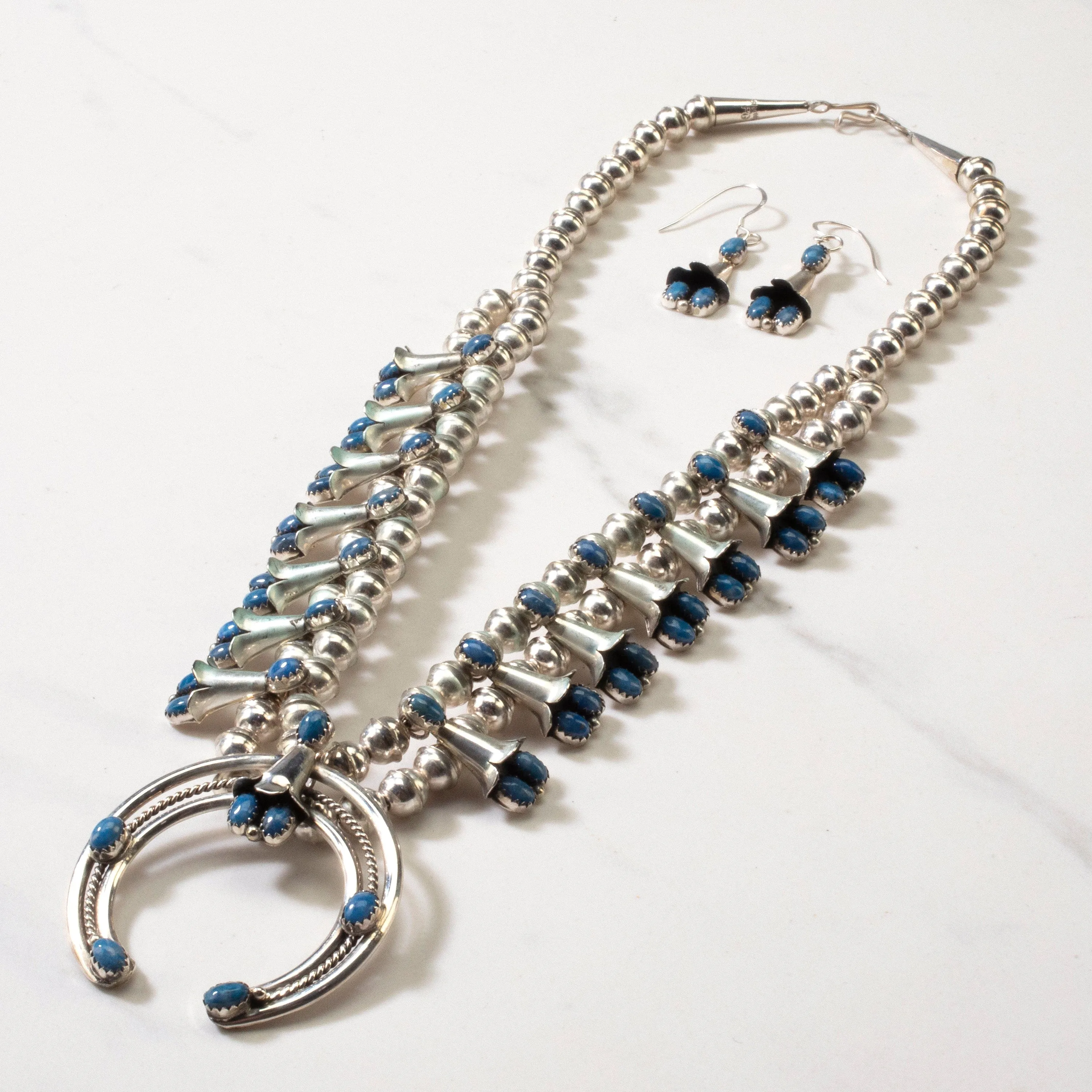 17" Phil Garcia Navajo Squash Blossom Denim Lapis USA Native American Made 925 Sterling Silver Necklace & French Hook Earring Set