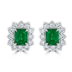 18ct White Gold Rectangular Cut Emerald & Diamond Halo Cluster Earrings