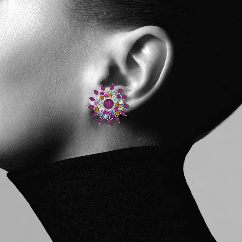 18k Amazonia (cocar) White Gold Earring With 0.40 Cts Vs-Gh Diamonds  And Ruby And Citrine And Topaz And Emerald And Sapphire And Peridot And Rhodolite