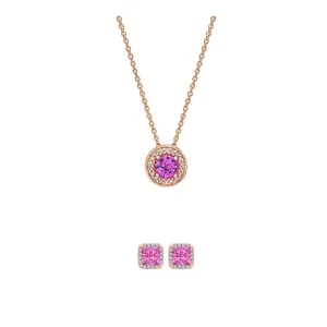 18K Rose Gold 1/2ct Halo Pink Sapphire Round 18 Inch Necklace and HaloSquare Earrings Set Plated