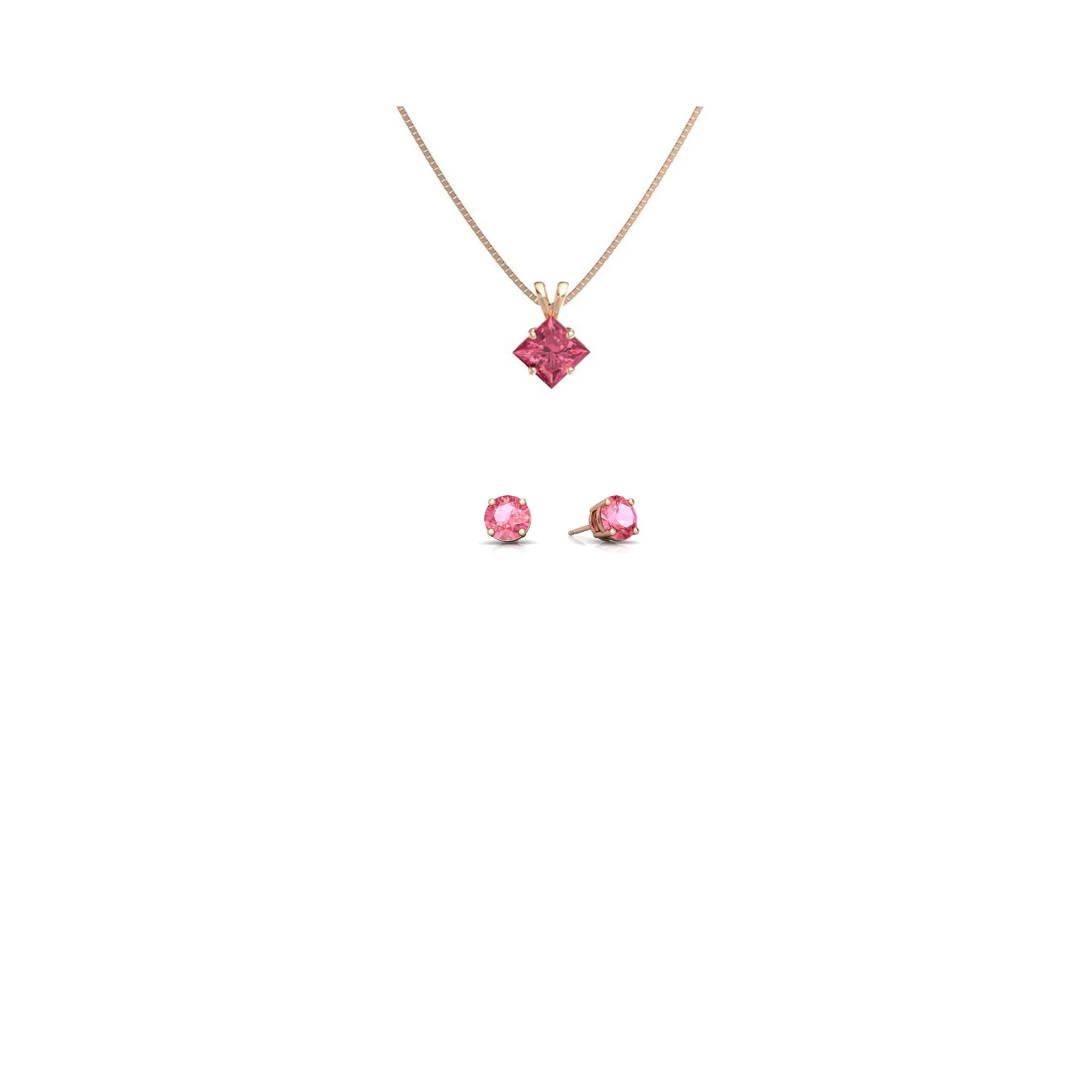 18K Rose Gold 2ct Pink Sapphire Princess Cut 18 Inch Necklace and Round Earrings Set Plated