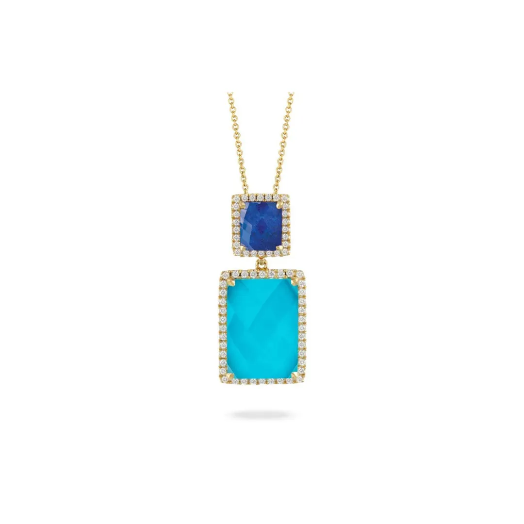 18kt Yellow Gold Diamond Pendant with Lapis and Turquoise Stones