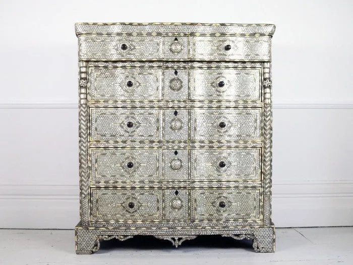 19th C serpentine fronted Damascus mother of pearl & bone inlaid chest of drawers