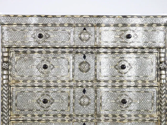 19th C serpentine fronted Damascus mother of pearl & bone inlaid chest of drawers