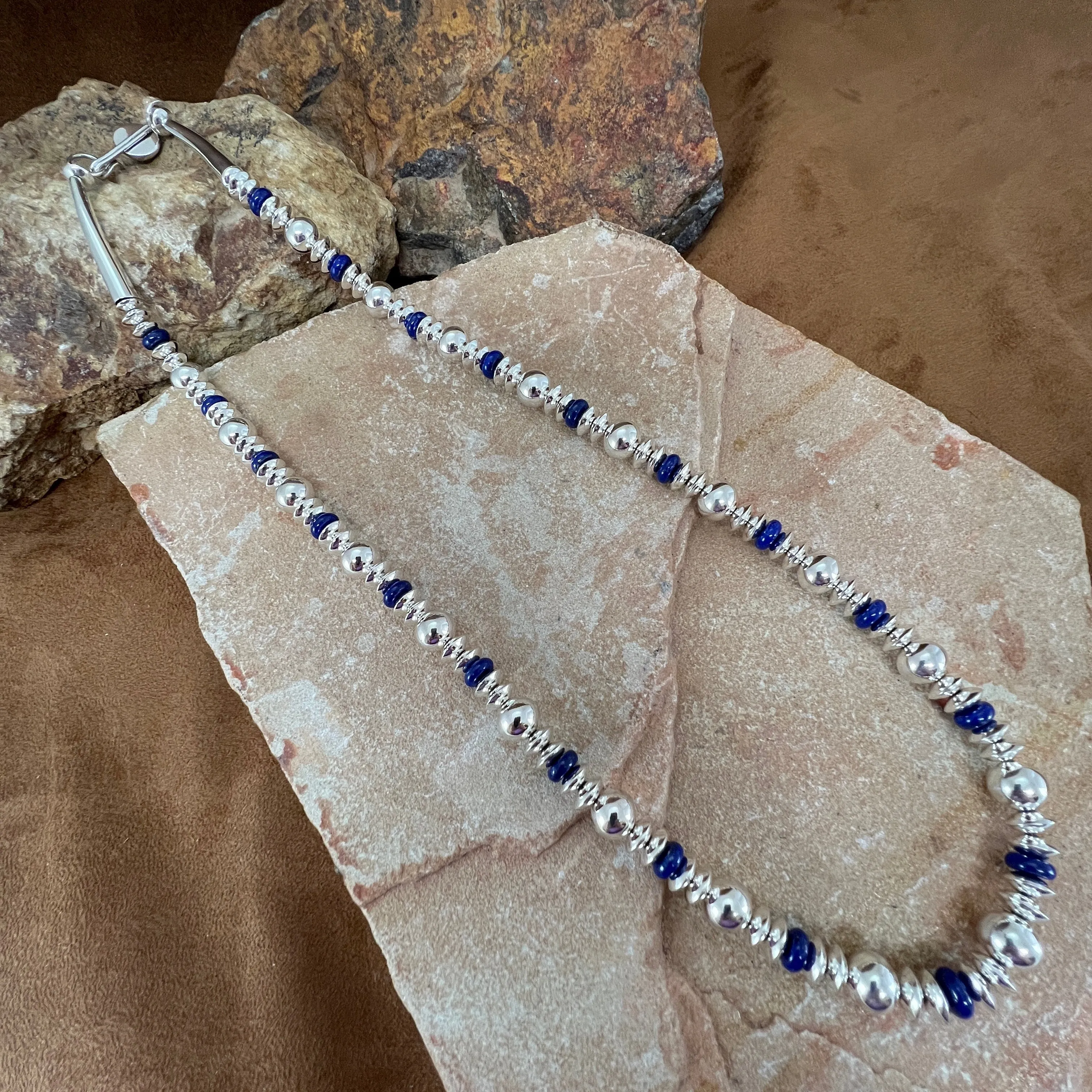 27" Single Strand Lapis Sterling Silver Navajo Pearls Beaded Necklace by Artie Yellowhorse