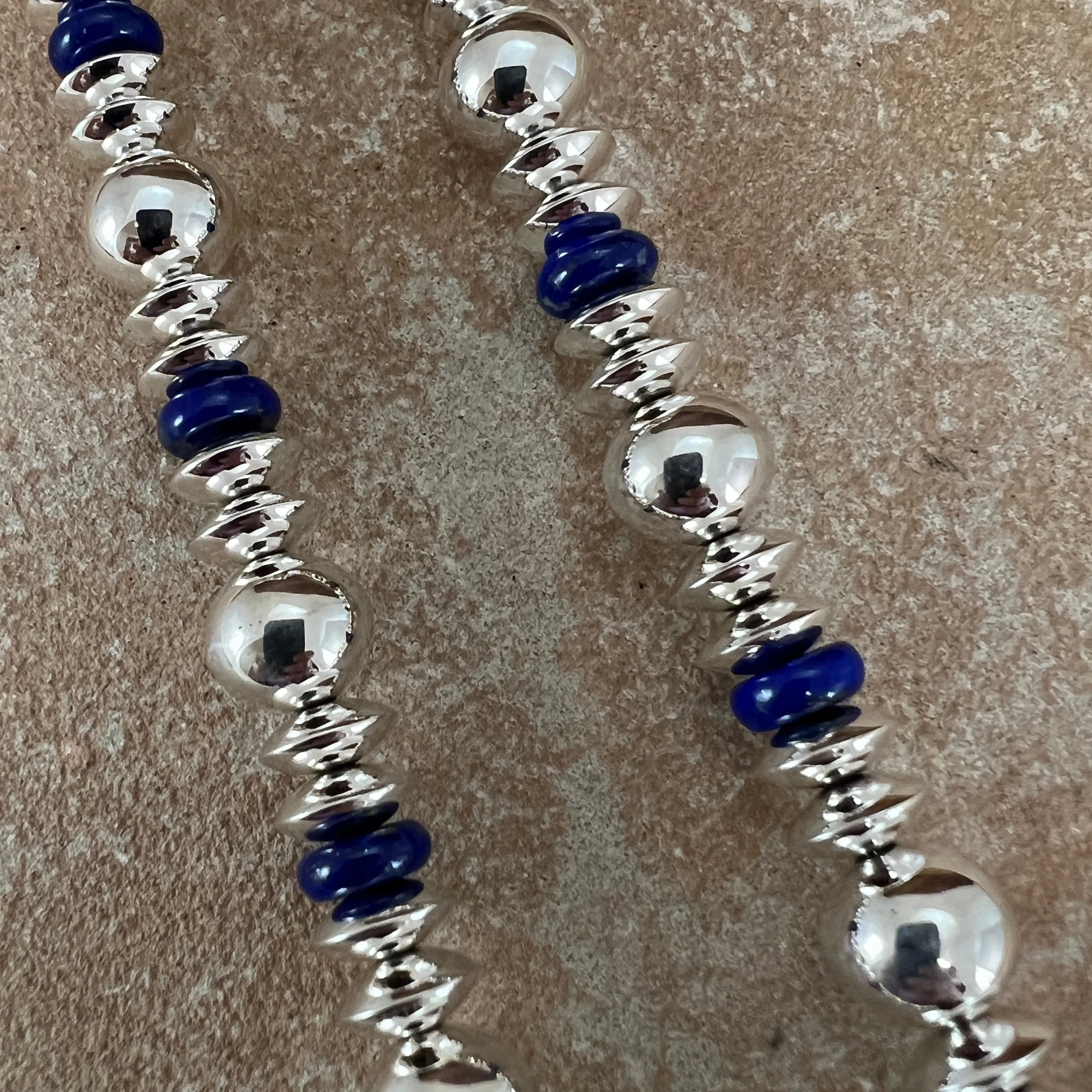 27" Single Strand Lapis Sterling Silver Navajo Pearls Beaded Necklace by Artie Yellowhorse