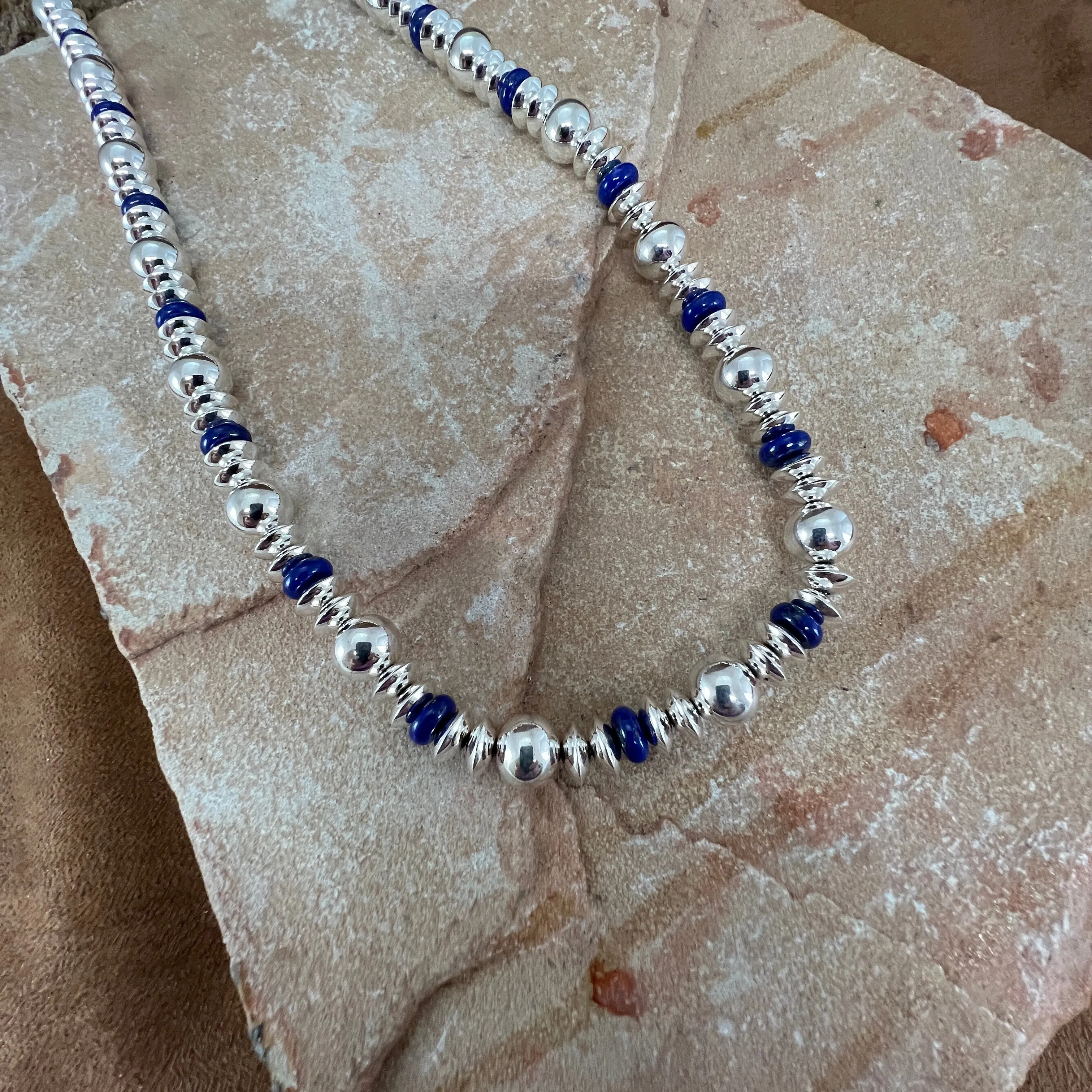 27" Single Strand Lapis Sterling Silver Navajo Pearls Beaded Necklace by Artie Yellowhorse