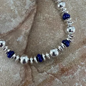 27" Single Strand Lapis Sterling Silver Navajo Pearls Beaded Necklace by Artie Yellowhorse