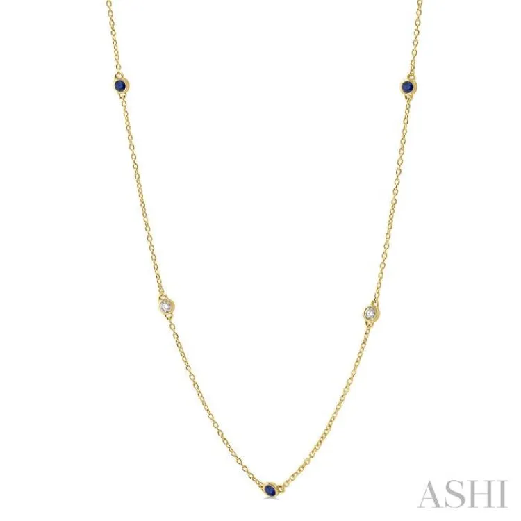 3/8 ctw Round Cut Diamond and 2.6MM Sapphire Precious Station Necklace in 14K Yellow Gold