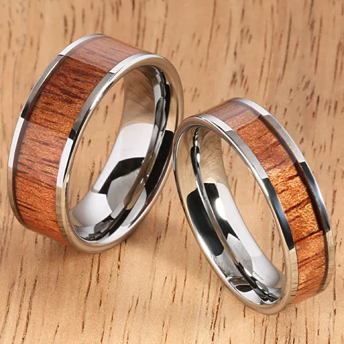 6mm Natural Hawaiian Koa Wood Inlaid Tungsten Flat Wedding Ring