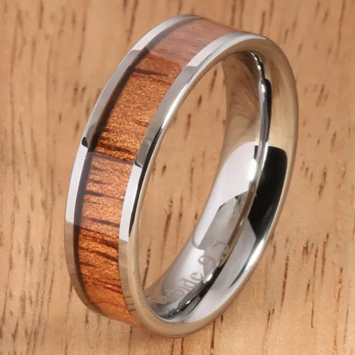 6mm Natural Hawaiian Koa Wood Inlaid Tungsten Flat Wedding Ring