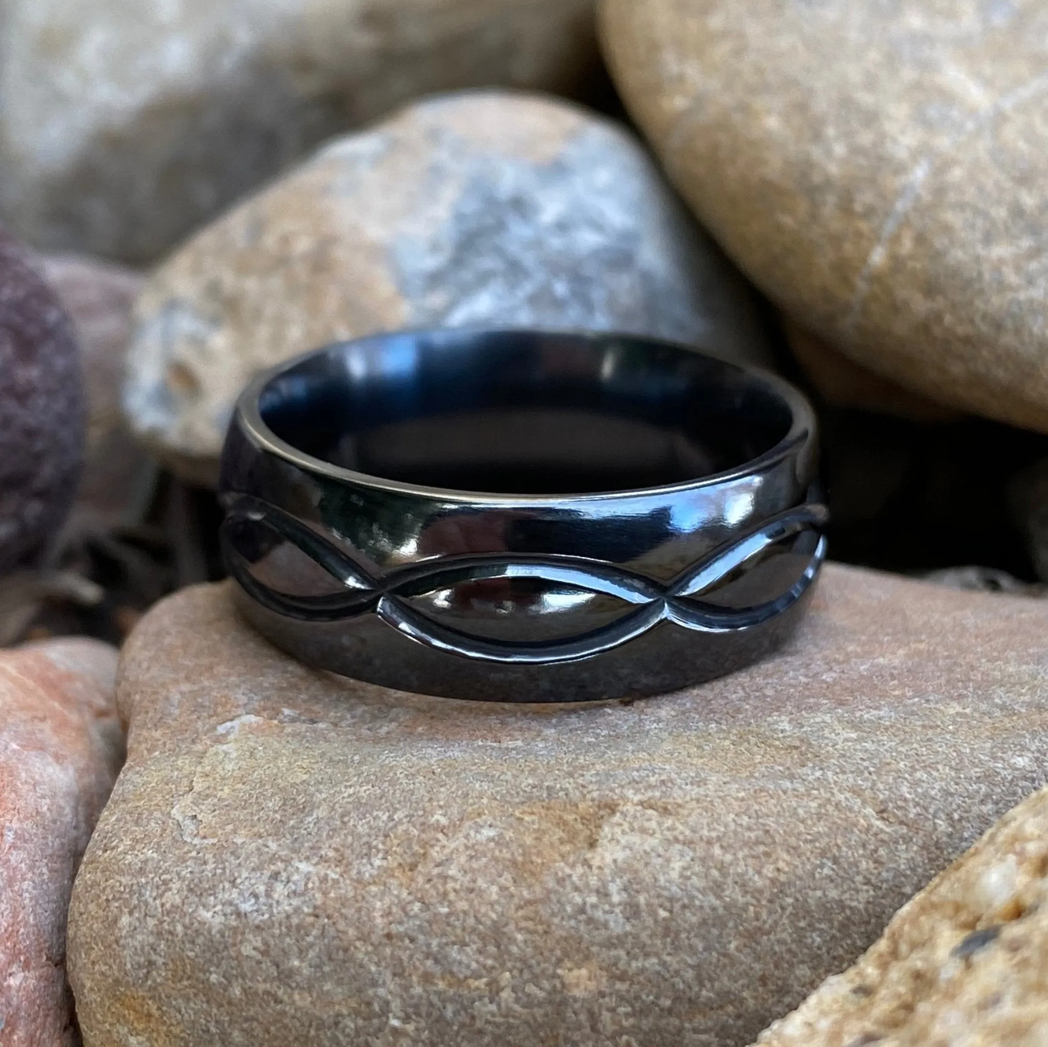 8mm Black Titanium Mens Ring - Mens Wedding Band with Infinity Design