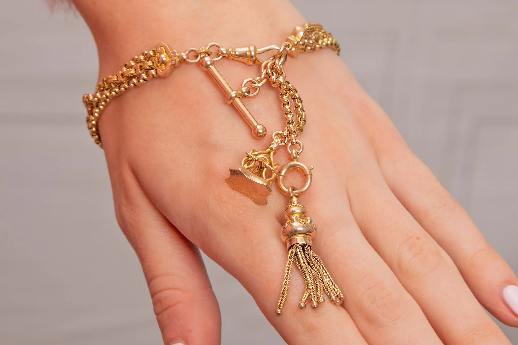 Antique 9ct Gold Albertina Slider Charm Bracelet, Removable Tassel & Mini Fob, 21.7g