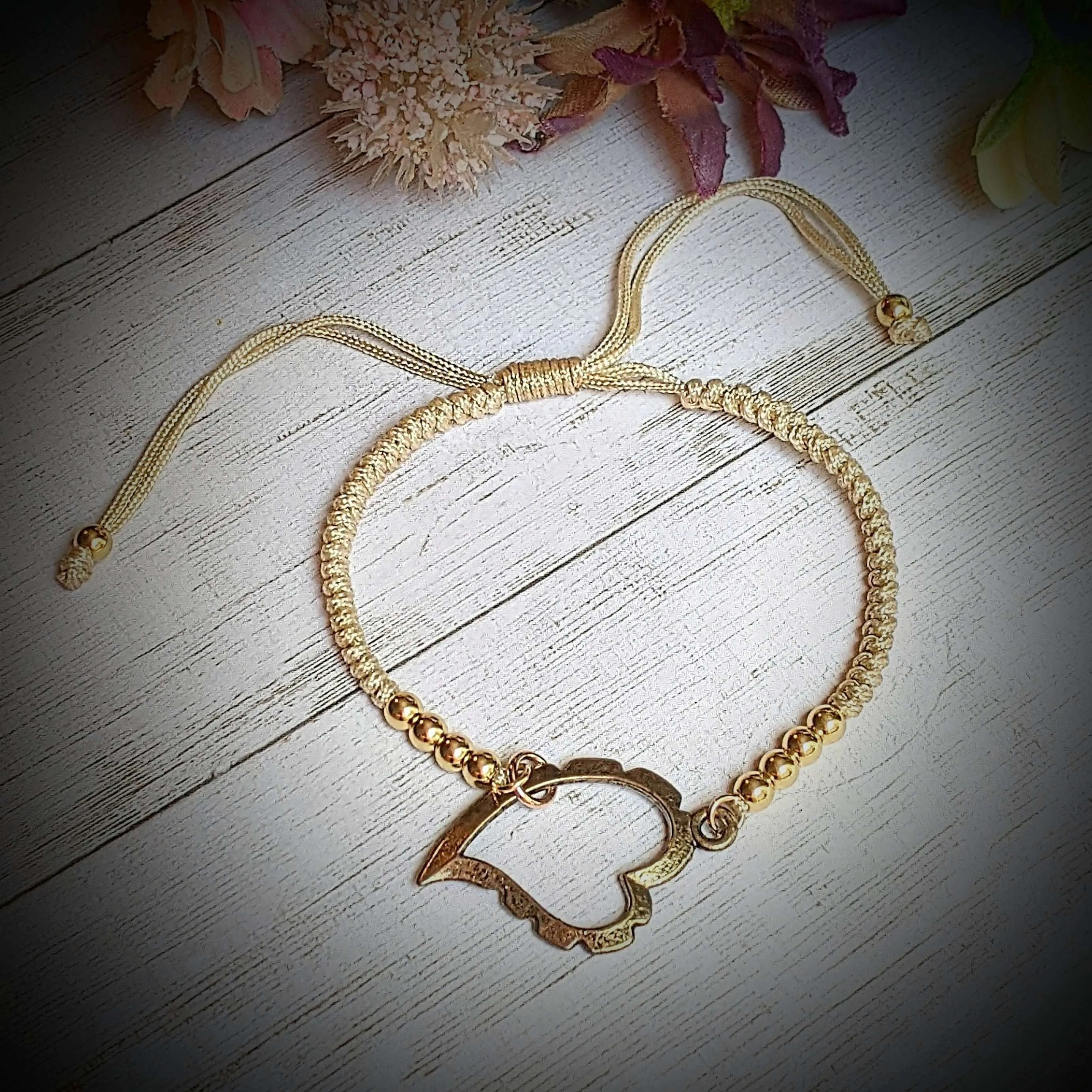 Art Deco Heart gold beaded Waxed Cord Bracelet