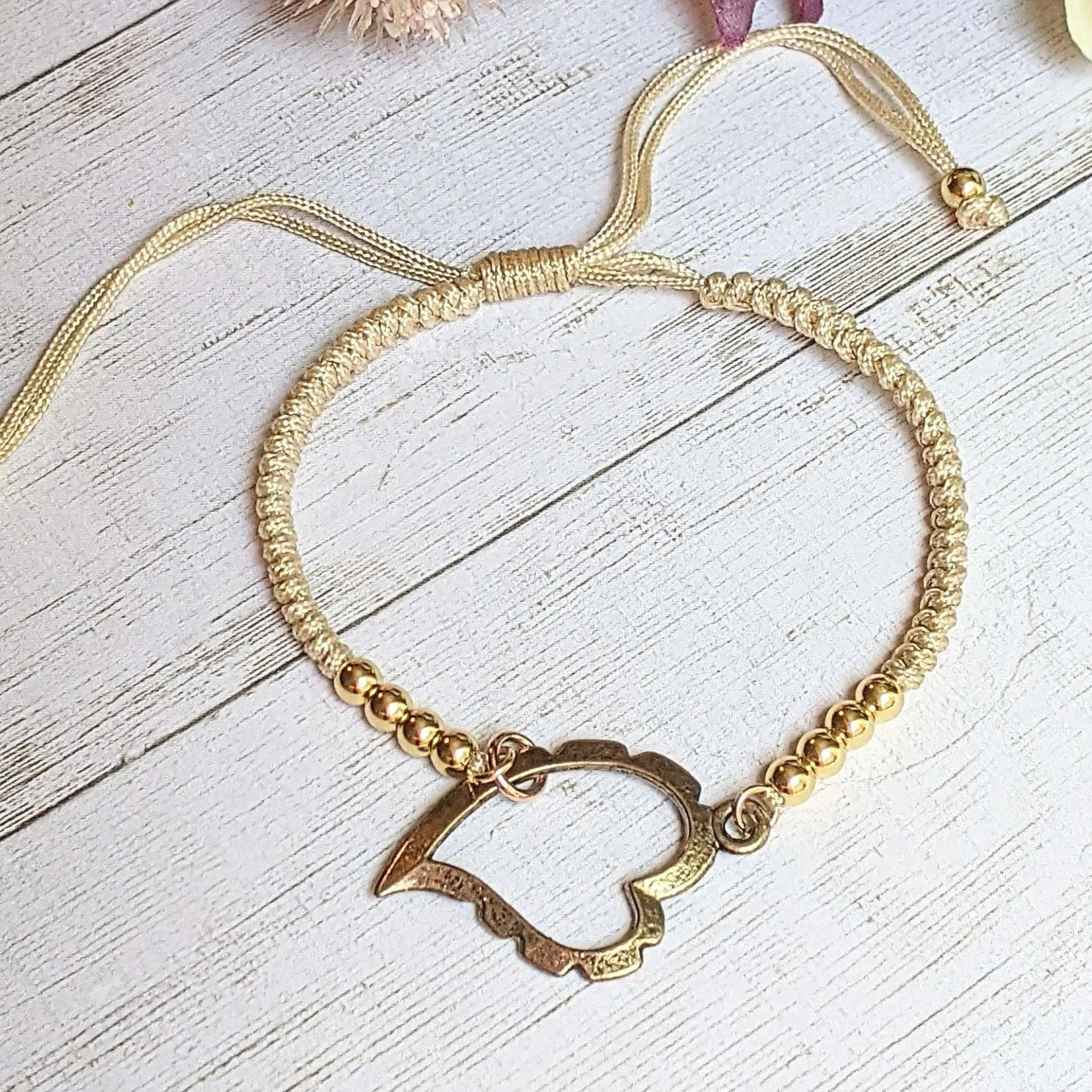 Art Deco Heart gold beaded Waxed Cord Bracelet