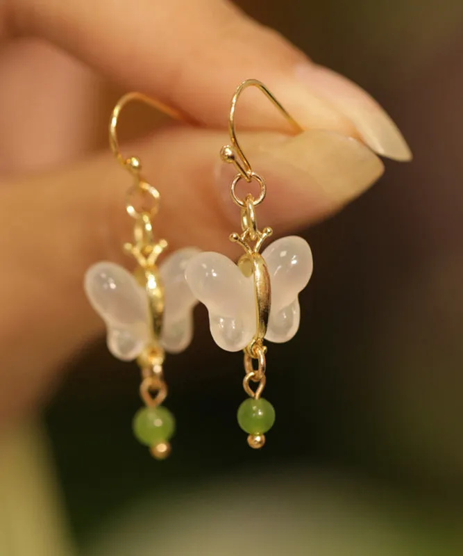 Art Green Copper Overgild Jade Butterfly Drop Earrings QI066