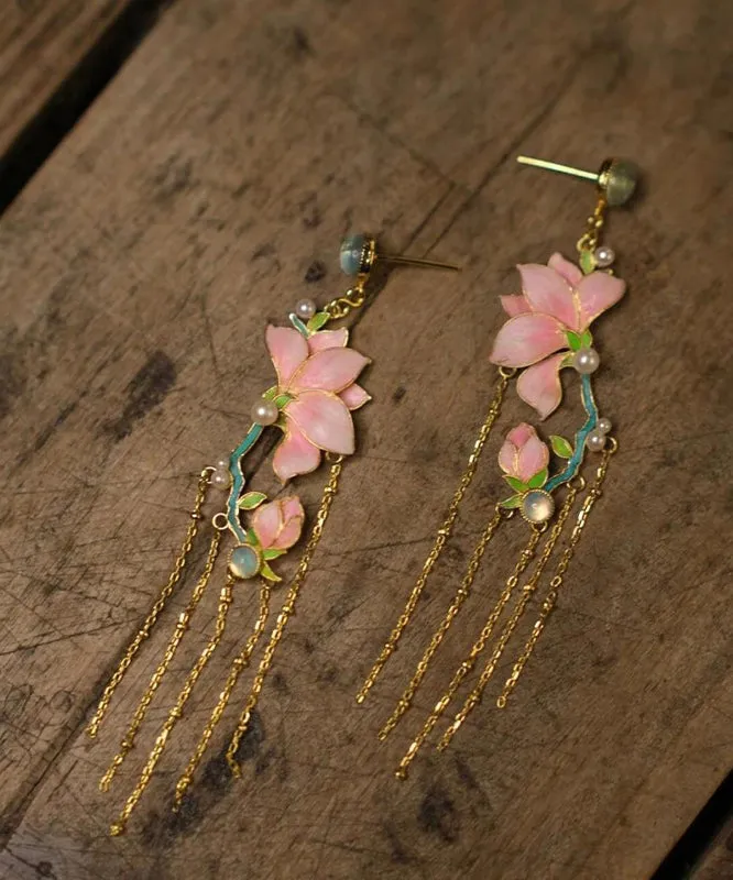 Art Pink Copper Overgild Enamel Jade Orchid Tassel Drop Earrings WQ009