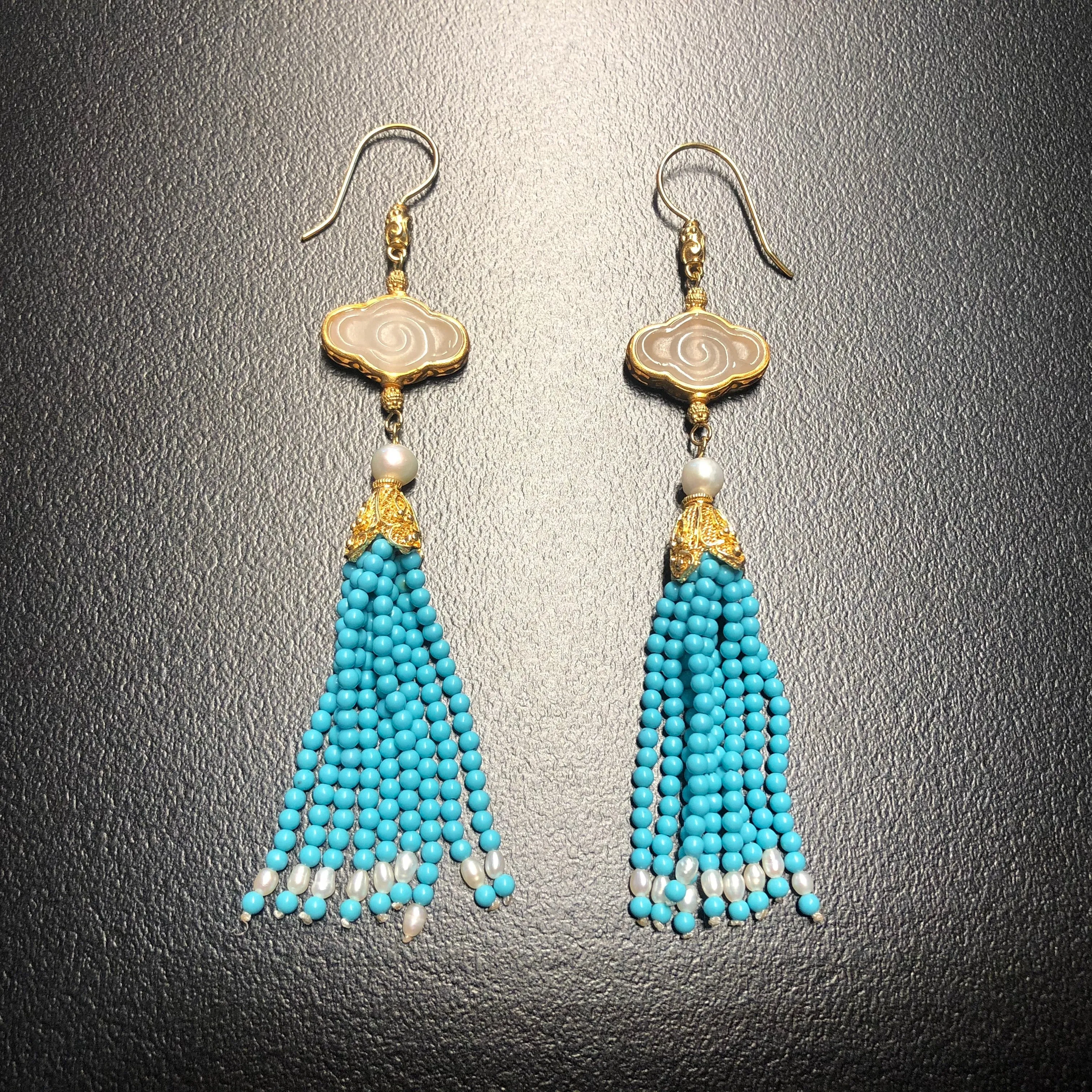 Auspicious Clouds Jade and Turquoise Tassel Earrings