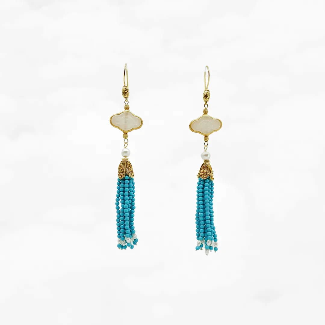 Auspicious Clouds Jade and Turquoise Tassel Earrings