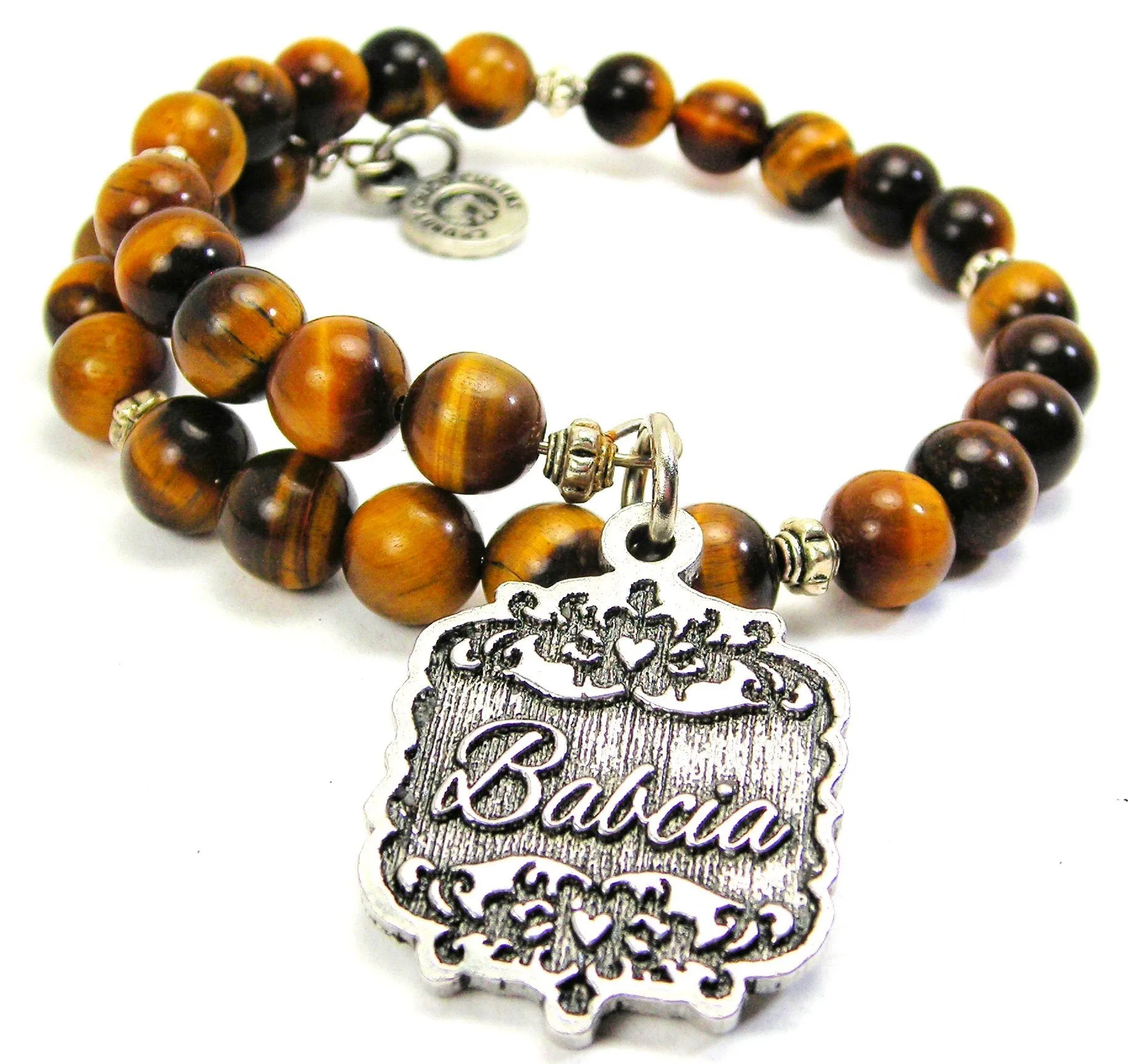 Babcia Victorian Scroll Tiger's Eye Glass Beaded Wrap Bracelet