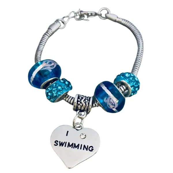 Beaded Charm Bracelet - "I Love Swimming"