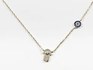 Beautiful Dainty Evil Eye & Hamsa Hand CZ Charm Gold Tone Silver Necklace