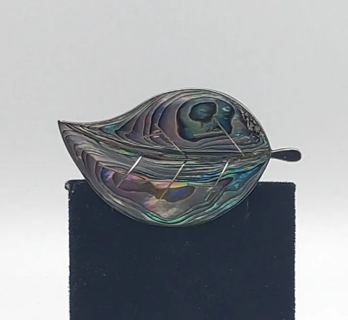 Beautiful Vintage Handmade Abalone Shell Sterling Silver Leaf Brooch