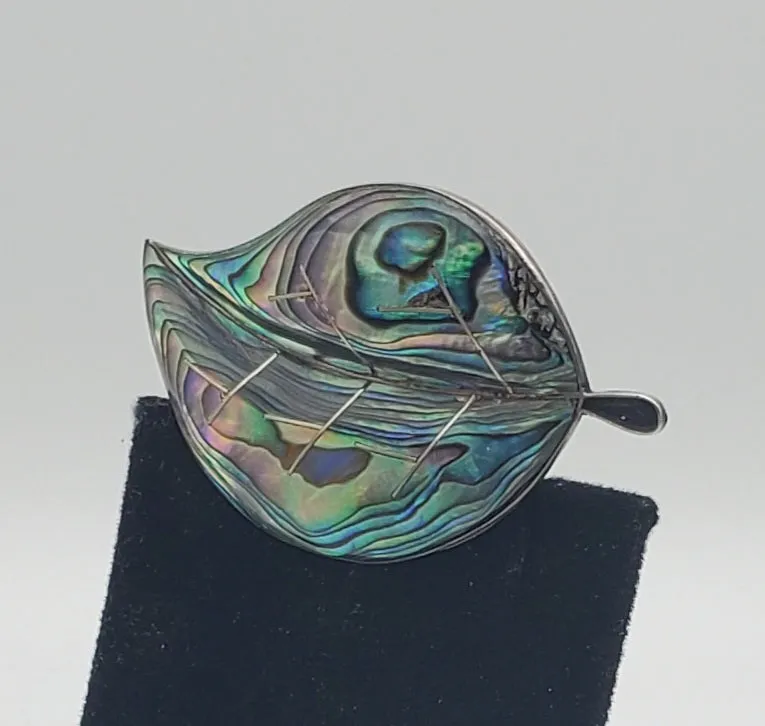 Beautiful Vintage Handmade Abalone Shell Sterling Silver Leaf Brooch