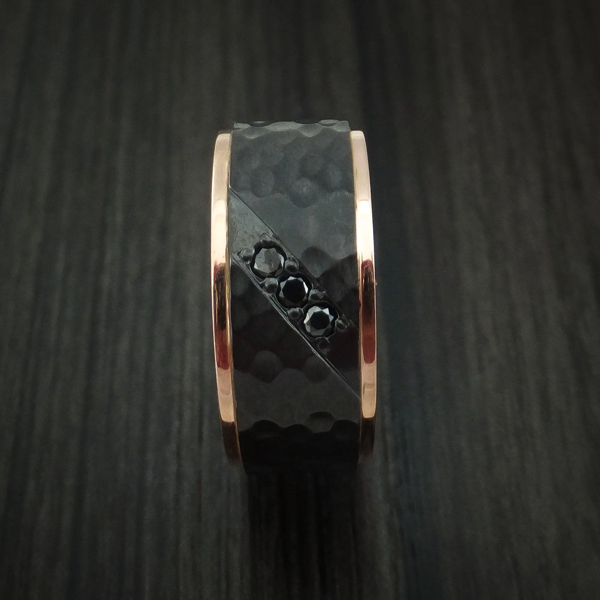 Black Titanium Hammered Men's Band with 14K Rose Gold Edges and Black Diamonds Custom Made