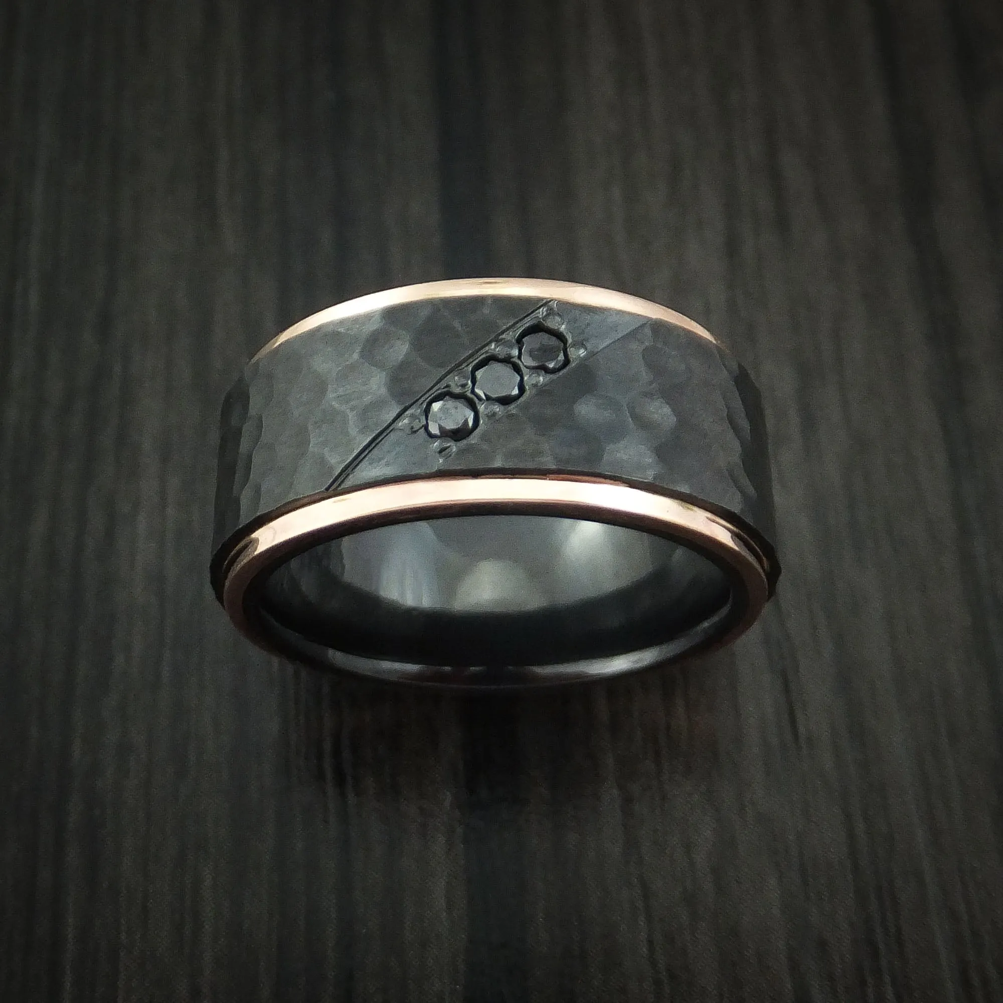 Black Titanium Hammered Men's Band with 14K Rose Gold Edges and Black Diamonds Custom Made