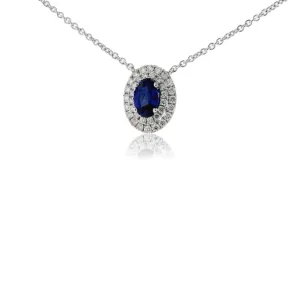 Blue Oval Shaped Sapphire with Double Diamond Halo Pendant