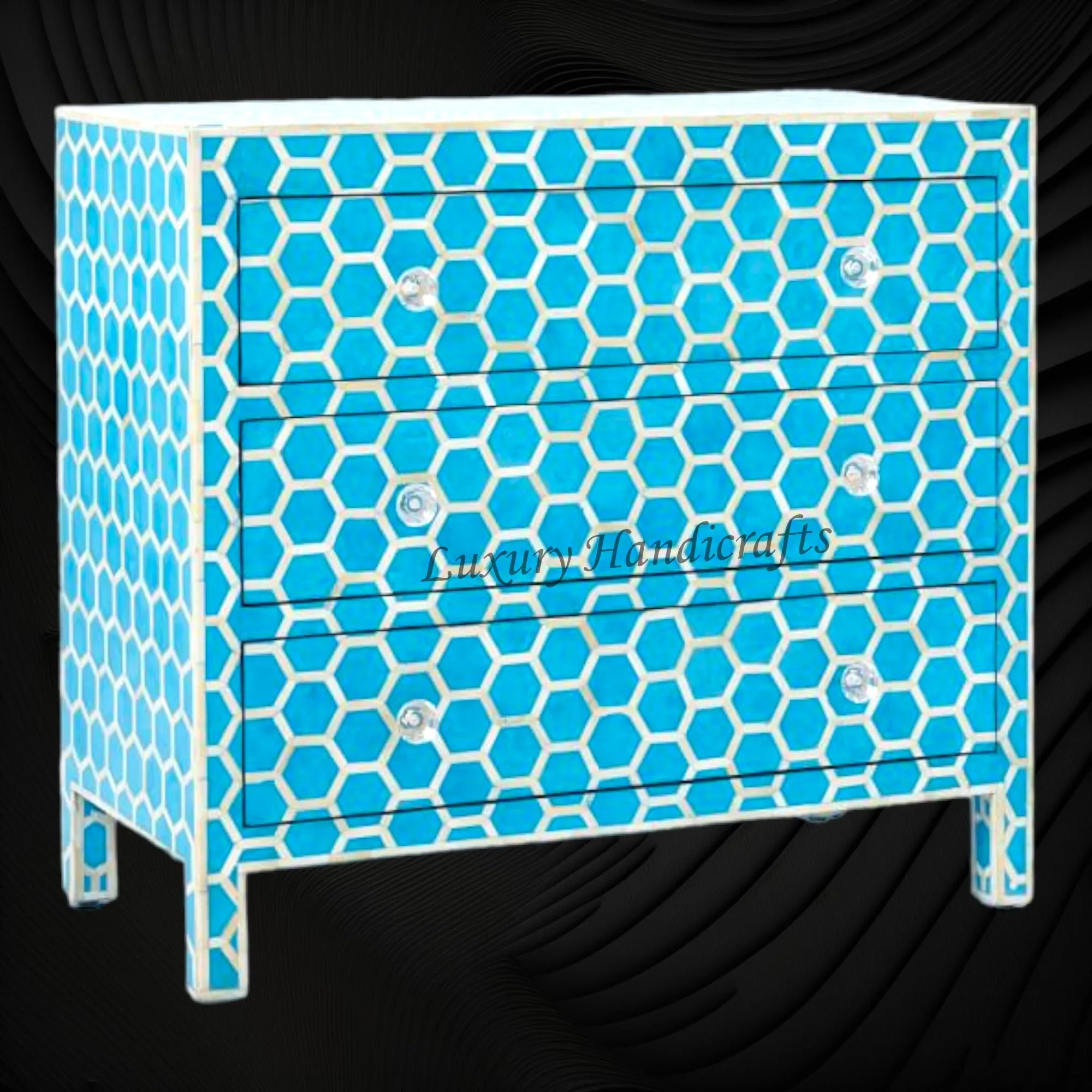 Bone Inlay Chest of 3 Drawer Honeycomb Blue