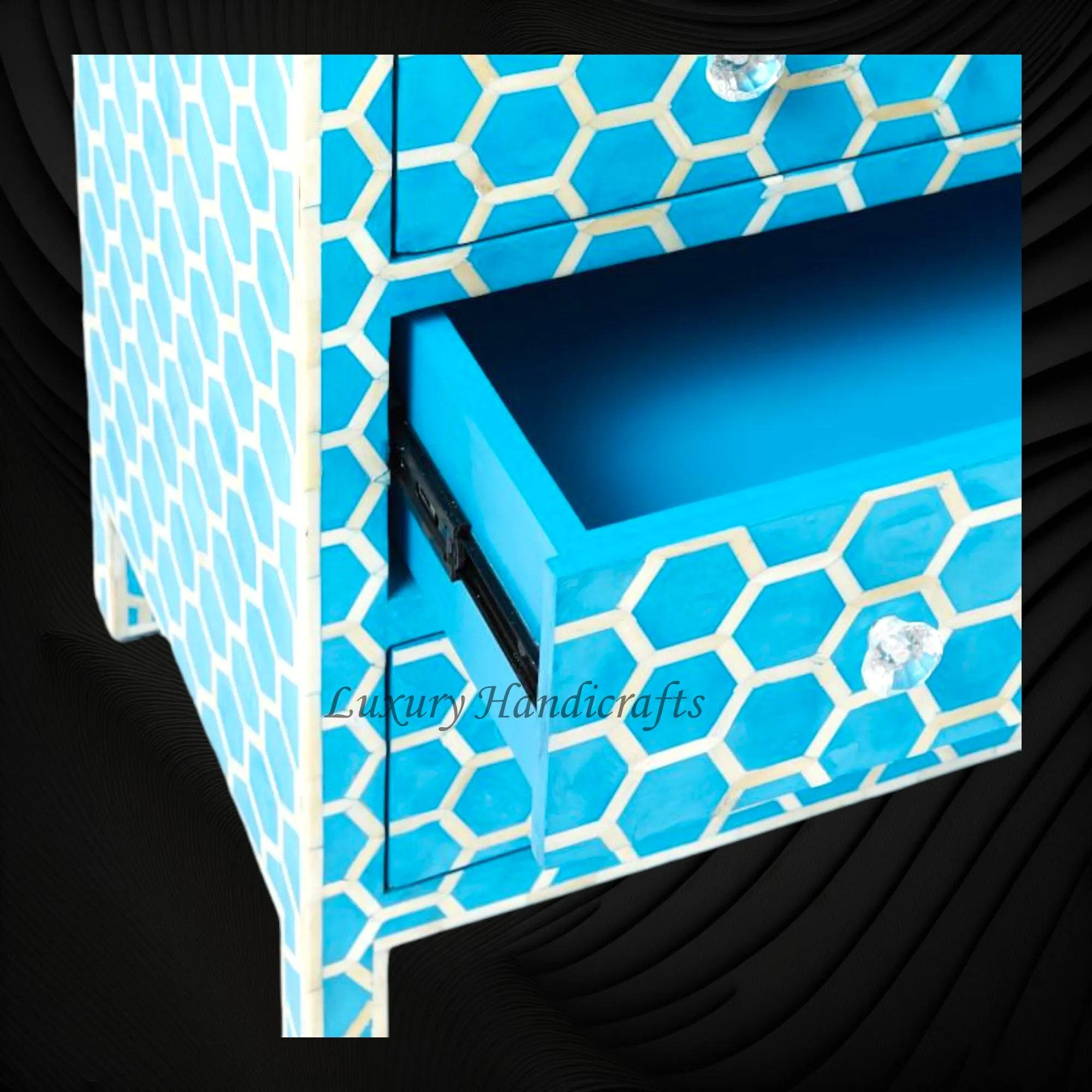 Bone Inlay Chest of 3 Drawer Honeycomb Blue