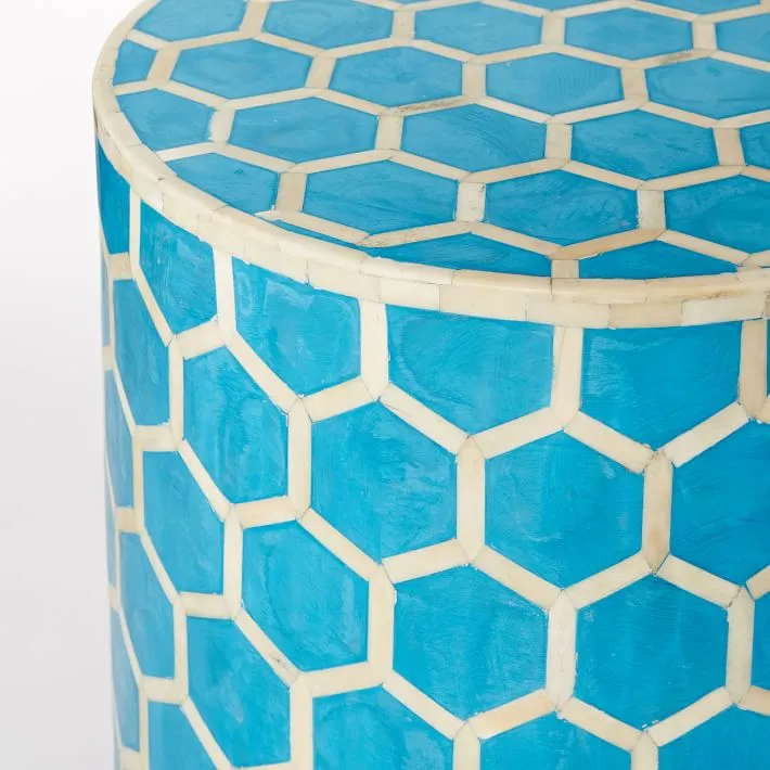 Bone Inlay Round Stool Honeycomb Design Turquoise