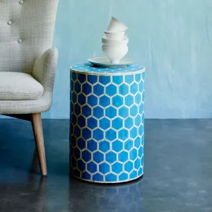 Bone Inlay Round Stool Honeycomb Design Turquoise