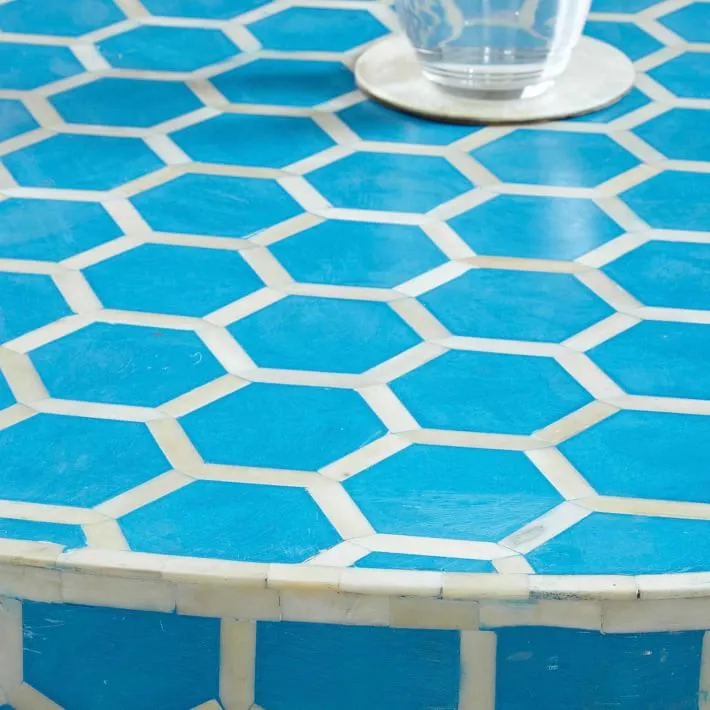 Bone Inlay Round Stool Honeycomb Design Turquoise