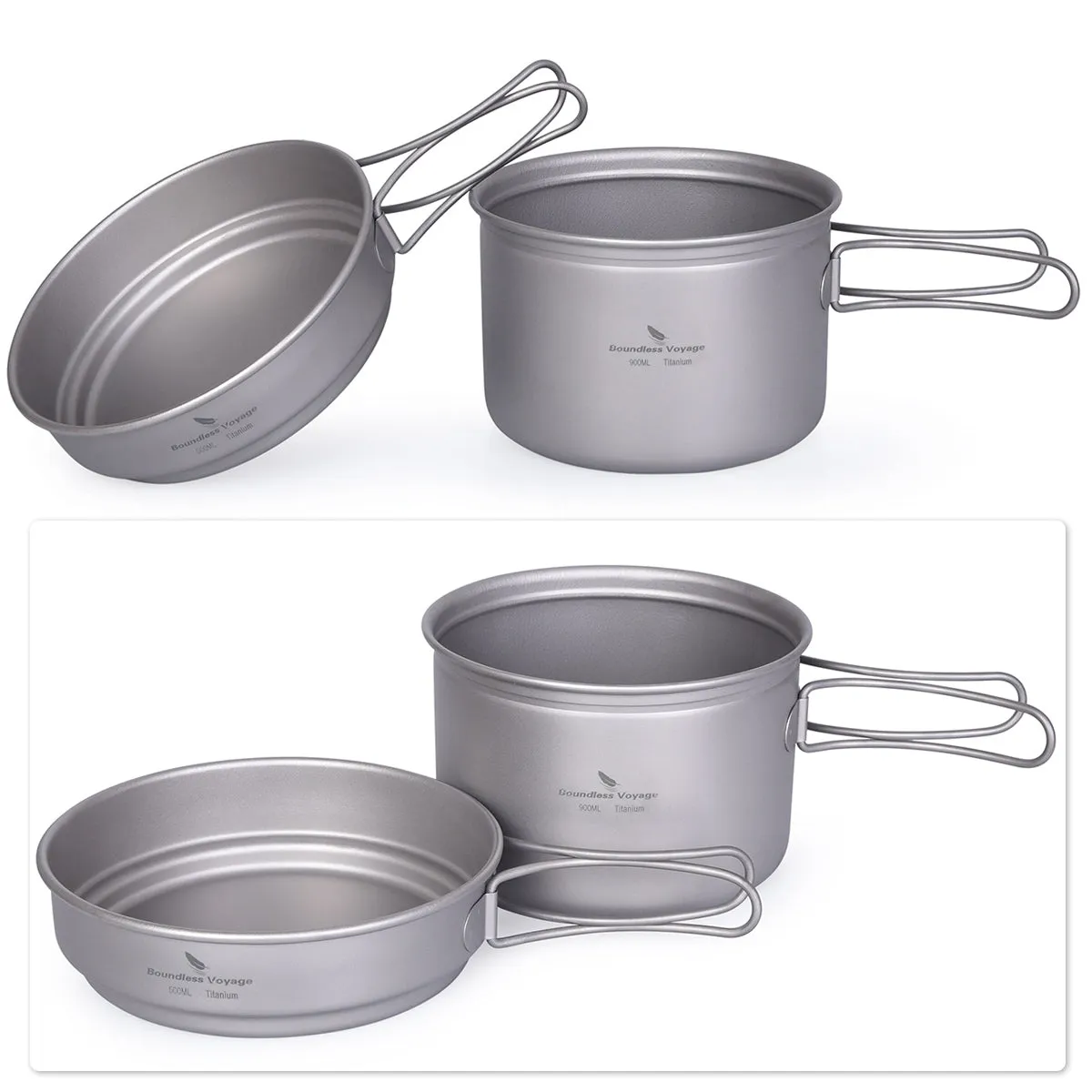 Boundless Voyage Outdoor Titanium Pot Pan Set 500ml 900ml with Lid Folding Handle Camping Hiking Picnic Ultralight Tableware