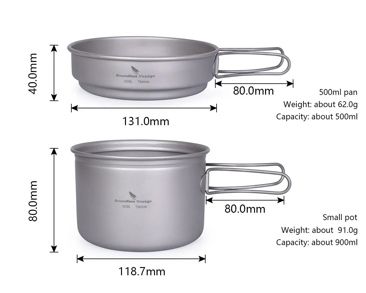 Boundless Voyage Outdoor Titanium Pot Pan Set 500ml 900ml with Lid Folding Handle Camping Hiking Picnic Ultralight Tableware