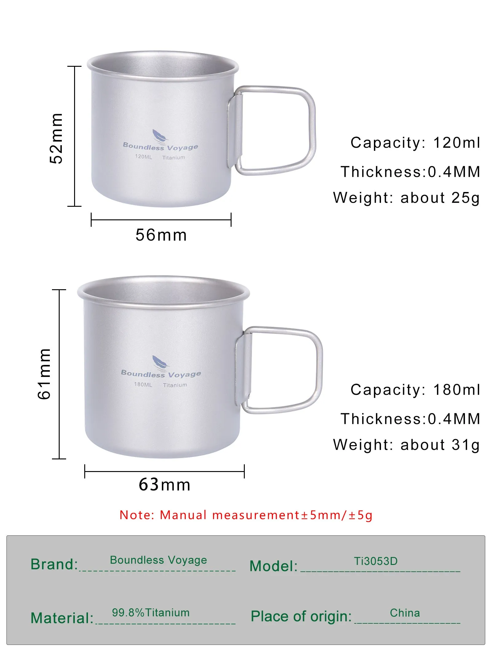 Boundless Voyage Titanium ultra lightweight 120ml and 180ml tea cup wine mug  for outdoor  camping   coffee beer cup without lid