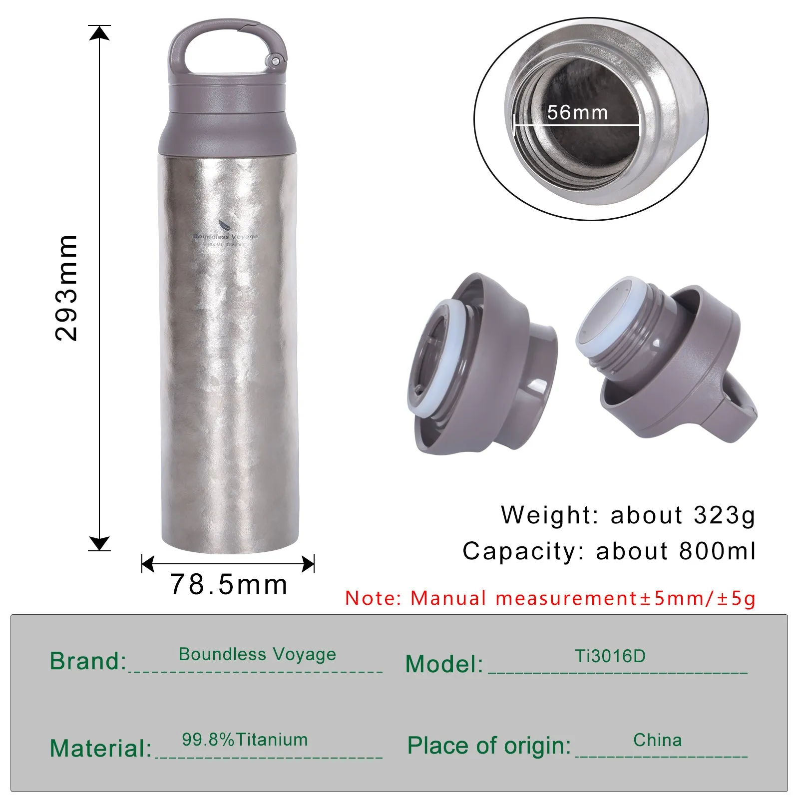 Boundless Voyage Titanium Water Bottle Vacuum Insulated Flask with Lid Water Jug, Keeps Hot or Cold (27oz/800ml)