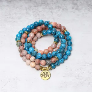 Buddha Stones 108 Mala Beads Apatite Red Stone Lotus Meditation Prayer Bead Bracelet