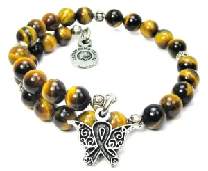 Butterfly With Hidden Awareness Ribbon Tiger's Eye Glass Beaded Wrap Bracelet